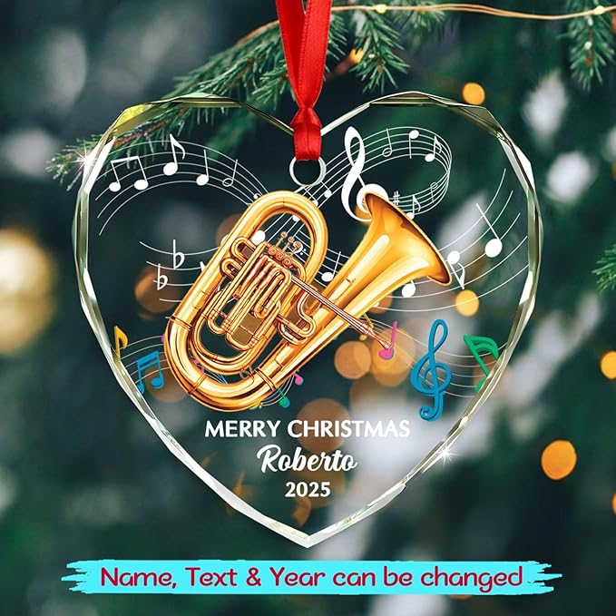 Personalized Year Text Name Tuba Instrument Glass Xmas Tree Ornament, Customized Tuba Lover Keepsake Ornaments Gift for Tubaist Daughter Son Husband Wife, Awesome Tubas Musical Instrument Ornament