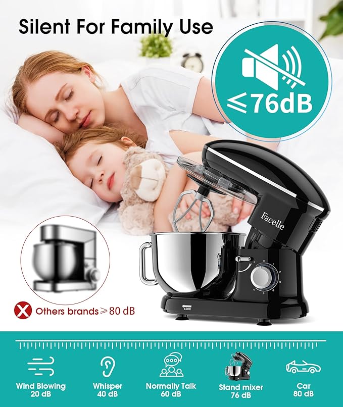 Facelle Stand Mixer, 660W 6 Speed Electric Kitchen Mixer with Pulse Button, Attachments include 6.5QT Bowl, Dishwasher Safe Beater,Dough Hook,Whisk & Splash Guard for Dough,Baking,Cakes,Cookie(Black)