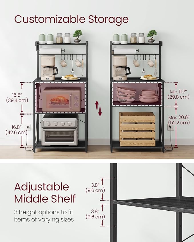 VASAGLE Kitchen Bakers Rack with Power Outlet, Coffee Bar 4-Tier with 8 S Hooks, Microwave Stand, Adjustable Shelf, for Small Spaces, Charcoal Gray and Ink Black UKKS014B01V1