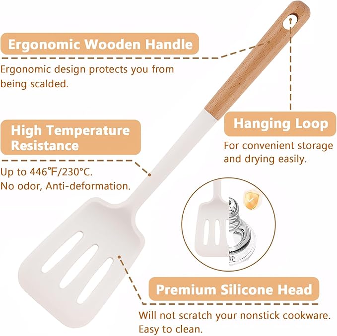 Silicone Cooking Utensils Set 5 Pcs Large Non-Stick Kitchen Utensils Set, Wooden Handle Heat Resistance Turner Soup Ladle Spoon Silicone Cooking Kitchen Gadgets BPA Free for Nonstick Cookware