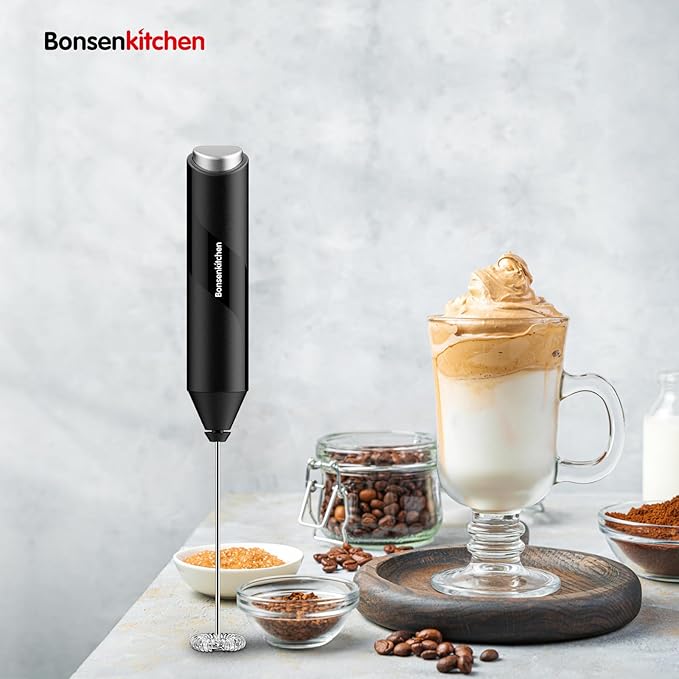 Bonsenkitchen Electric Milk Frother Handheld, Portable Whisk Milk Foam Maker, Drink Mixer for Coffee, Matcha, Electric Stirrer Coffee Mixer, Battery Operated(Not Included)
