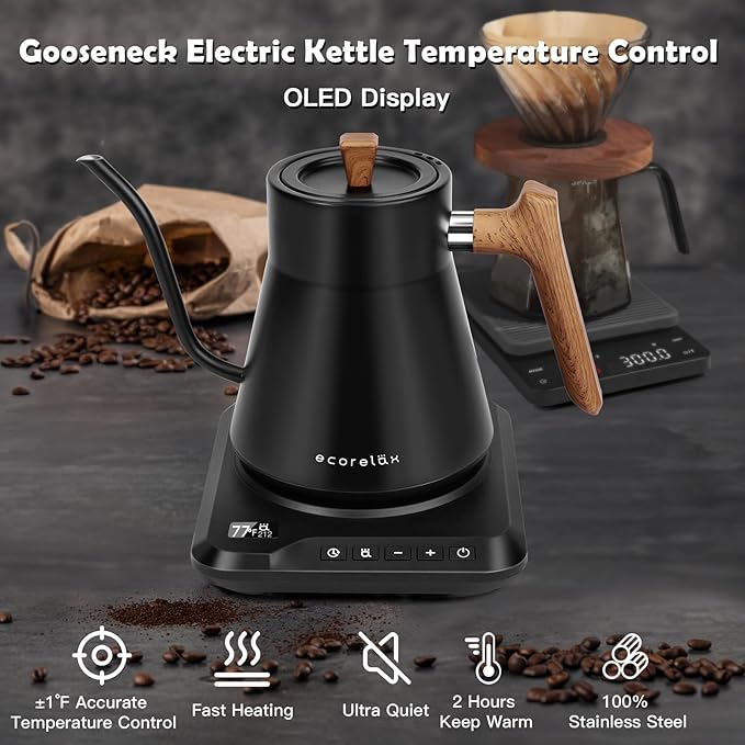 Ecorelax Gooseneck Electric Kettle Precise ±1℉ Temperature Control, 1200W Pour Over Electric Kettle for Coffee & Tea, 100% Stainless Steel Fast Boil & Keep Warm Kettle OLED Display, 1L Matt Black