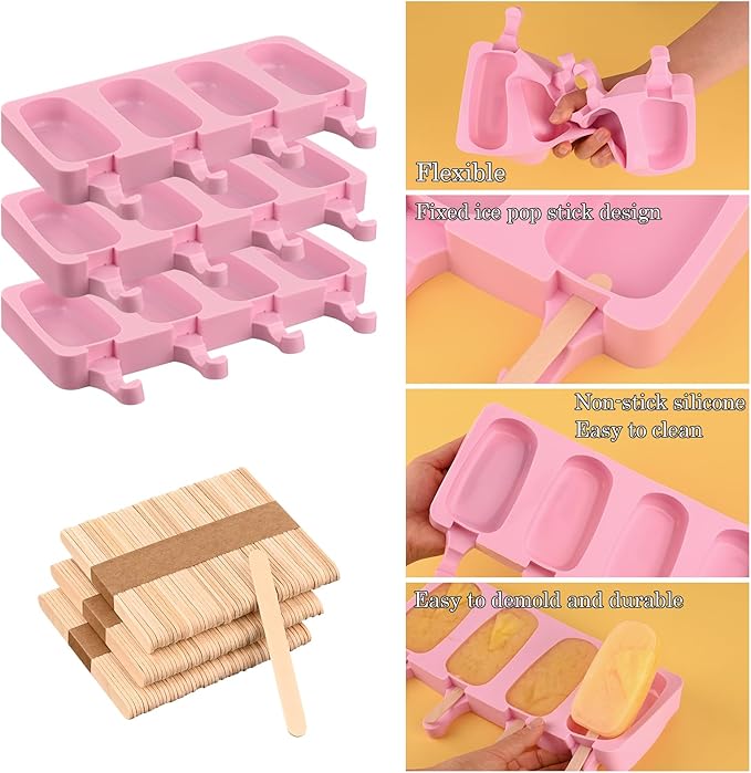 Sakolla Large Silicone Popsicle Molds Set of 3, Oval 4 Cavities Homemade Ice Pop Molds with 150 Wooden Sticks for Ice Cream, Cakesicles, Cake Pop (Pink)