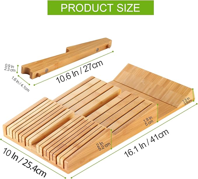 HHXRISE Knife Drawer Organizer, Bamboo In-Drawer Insert Knife Block Holds 16 Knives (Not Included) + Sharpener Slot, Detachable Washable Holder for Kitchen Knives Storage