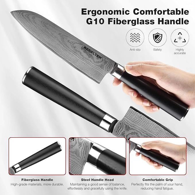 Japanese Damascus Santoku Chef Knife 7''（Mirror finish blade）, 67-Layer VG10 Damascus steel & Black G10 Handle for Cooking Kitchen (Gift Box)
