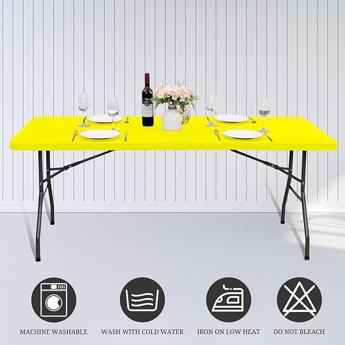 6 Pack Fitted Tablecloth for 6 Foot Rectangle Tables, Yellow Elastic Outdoor Picnic Table Cover, Washable Stretch Folding Table Cloths 6 ft for Camping Party Patio Kitchen Banquet, 30" W x 72" L