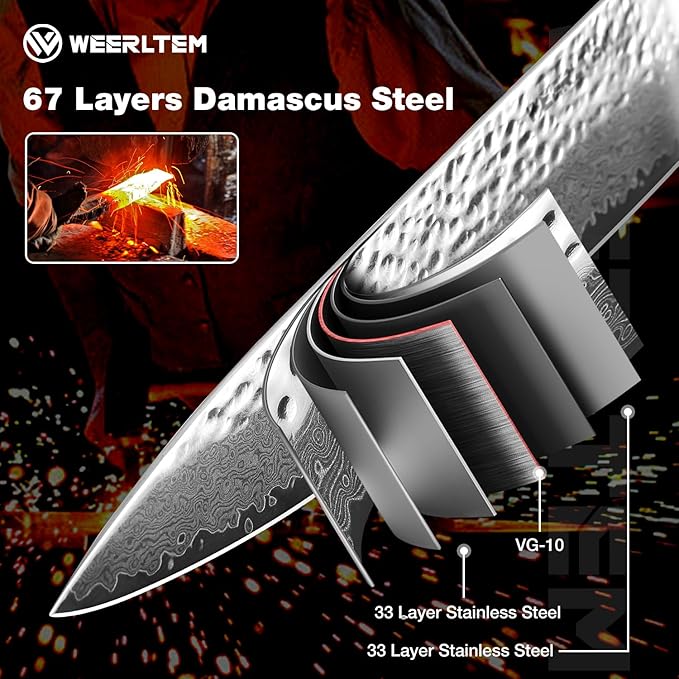 Damascus Sharp Knife(Red), 8 Inch Professional 67-Layer VG10 Damascus Kitchen knives, Hand Hammered Ultra Sharp Japanese Kitchen knife with Red G10 Handle & Gift Box