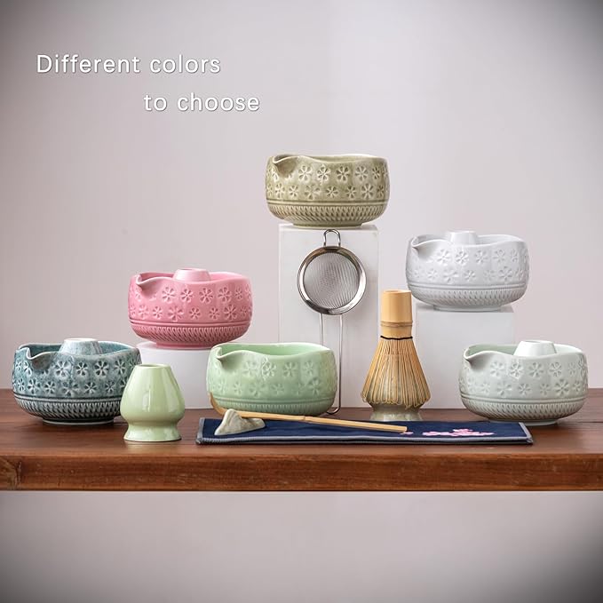 Matcha Whisk Set, Ceramic Matcha Kit Set Includes Matcha Bowl, Matcha Whisk and Holder, Bamboo Scoop, Scoop Rest, Sifter and Tea Towel - 7 Pcs Matcha Kit for Matcha Lovers (Mottled Green)