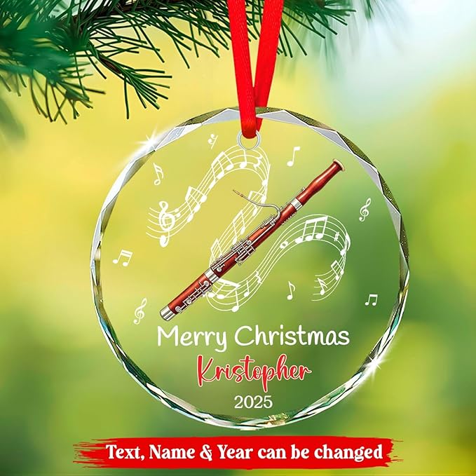 Bassoon Playing Xmas Tree Glass Ornaments, Personalized Bassoonist Ornament Christmas 2025, Bassoon Christmas Ornament Gift for Instrument Player, Custom Text & Name Musical Instrument Glass Keepsake