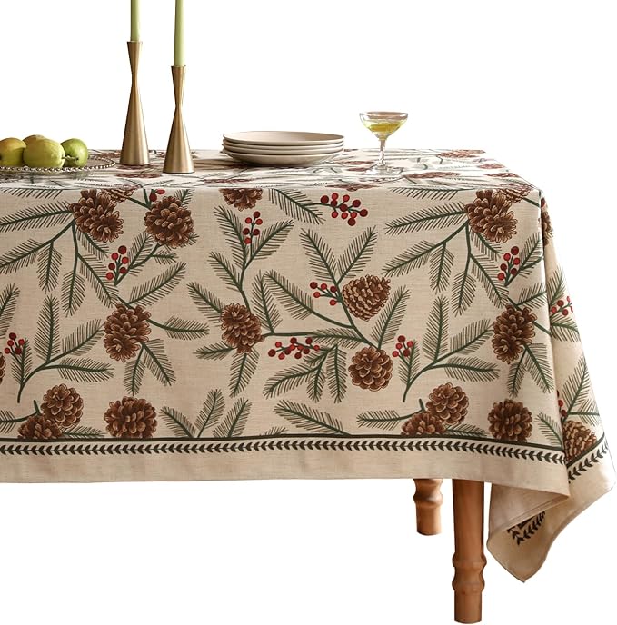 ISAENNE Designer Christmas Beige Linen Rectangular Tablecloth,Pinecones Pattern Indoor Tablecloths,Washable Decor Table Cloth for Dining Thanksgiving Kitchen Christmas,55"*87"-Carol B