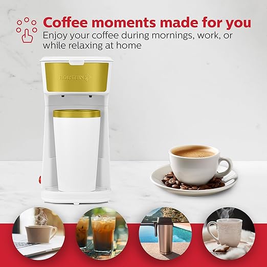 Holstein Housewares Personal Coffee Maker with 14oz Travel Mug – Compact One-Touch Brew Machine with Reusable Filter, Auto Shut-Off, Non-Stick Plate, Ideal for Home, Office, or Dorm. White & Gold
