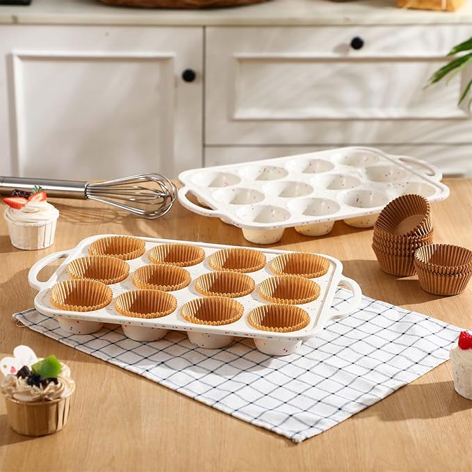 2 Silicone Muffin Pans for Baking with 200 Mini Cupcake Liners, Back to School 1st First Day of School Kitchen Dorm Room Bakeware Supplies, Muffin Tin(12-Cup Regular)