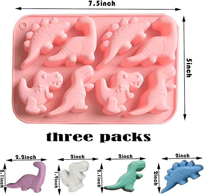 3PCS Pink Dinosaur Silicone Molds - 3D Dinosaur Cake Pan for Chocolate, Jello, Candy, Cupcake Toppers & Soap Making (Dinosaur Shape)