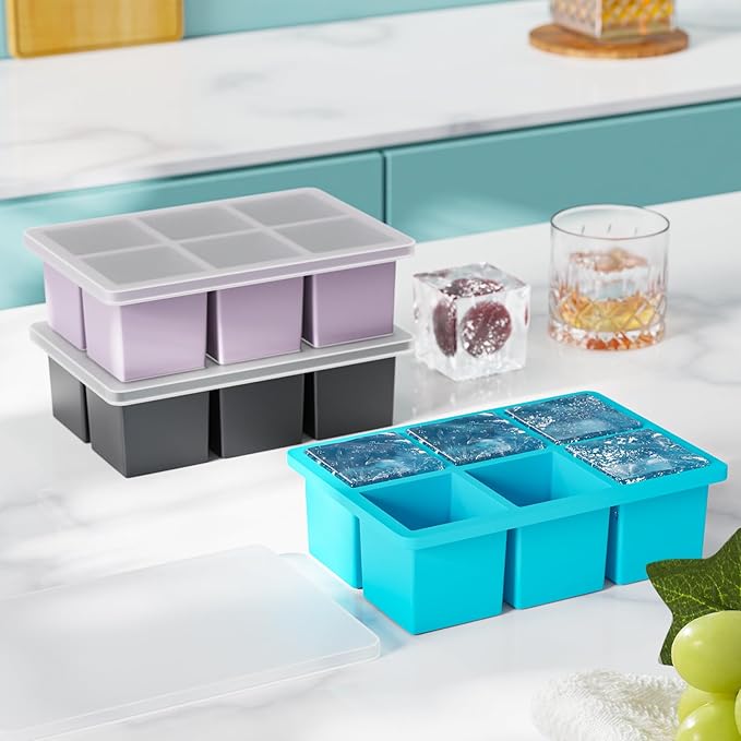 Large Ice Cube Tray for Whiskey: 2inch Big Silicone Ice Trays with Lid for Whisky - 3Pack Old Fashioned Ice Cube Trays for Cocktail - Huge Square Cubed Bourbon Ice Cube Maker