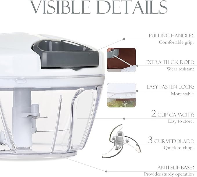 Ourokhome Manual Food Processor Vegetable Chopper, Portable Hand Pull String Garlic Mincer Onion Cutter for Veggies, Ginger, Fruits, Nuts, Herbs, etc., 500ml, White