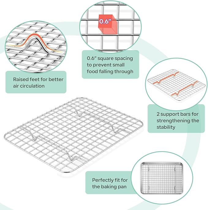 TeamFar Toaster Oven Pan with Cooling Rack Set, 10.5’’ x 8’’ x 1’’ Stainless Steel Compact Toaster Oven Small Baking Pan Tray with Mini Grid Rack, Non-Toxic & Heavy-Duty, Dishwasher & Oven Safe