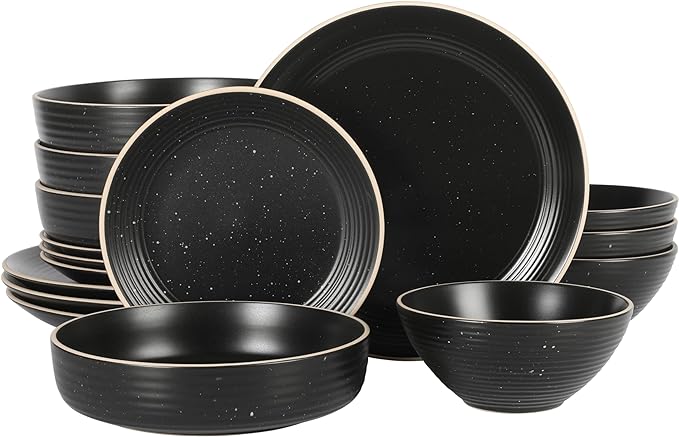 Gibson Home Dinah 16-Piece Matte Black Stoneware Dinnerware Set – Double Bowl, Embossed Speckled Design, Durable Kitchen Dinner Set