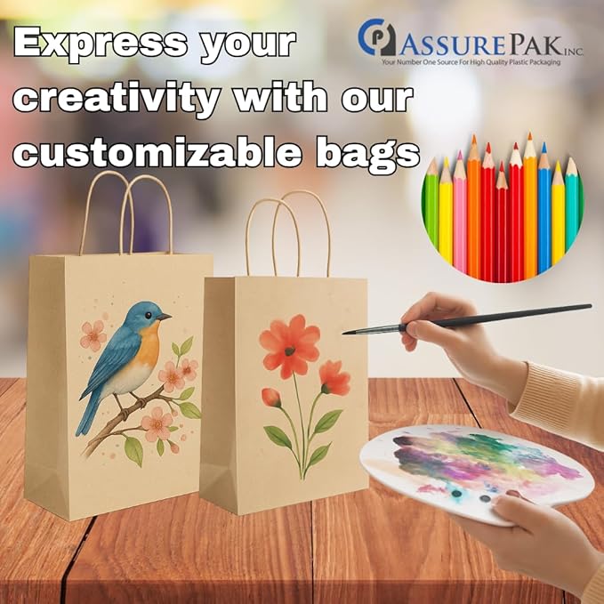 ASSUREPAK DIY Paper Bags - 50 Bags - Kraft Color - 18"x7"x18.5" - 74 LB (110 GSM strong) - Twisted Handle Recyclable Bags for Kids Drawing, Decorating and Creative Projects