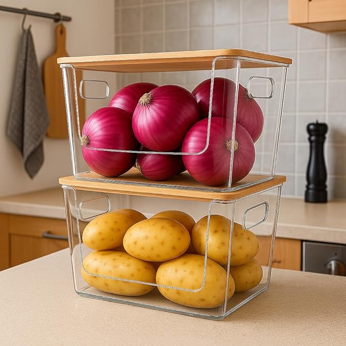 4 Pack Clear Stackable Potato & Onion Storage Bins - Trash Bag Holder Dispenser Under Sink Organizer for Pantry, Kitchen Countertop - Trash Bag Dispenser with Bamboo Lid for 4-13 Gal Bags