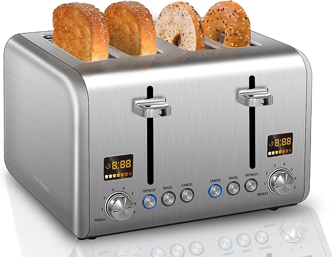 SEEDEEM 4 Slice Stainless Toaster - Color LCD Display, 7 Shade Settings, 1.5'' Wide Slots with Bagel/Defrost/Reheat Functions, Removable Crumb Tray, Silver Metallic, 1800W