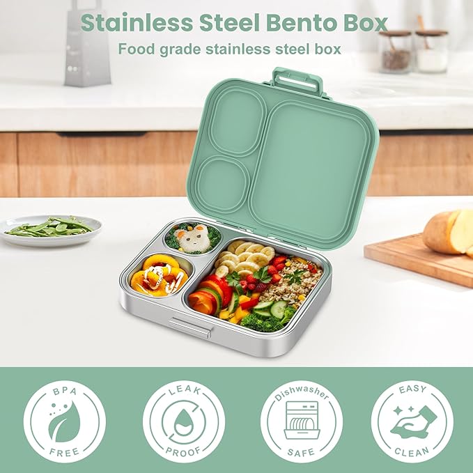 Stainless Steel Bento Lunch Box for Kids | 3-Compartment Lunch Box Container Kids | 100% Leakproof, Eco-Friendly, Perfect Portion Control for Kids&Adult Healthy Meals (Green)