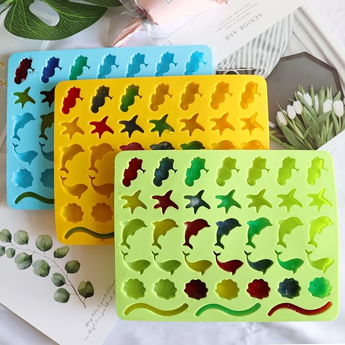 KRLIFCSL Mini Gummy Ocean Animals Silicone Candy Molds Including Hippocampus, Starfishs, Dolphins, Whales, Shells, Worms, for Making Gummies, Chocolates, Vitamin Candy, Pack of 3. (Mini Sea Animal)