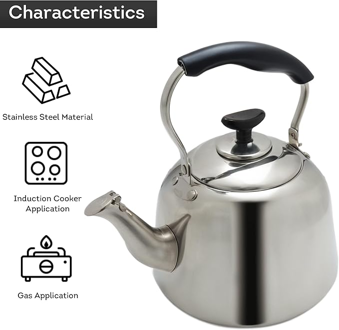 Lily's Home Whistling Tea Kettle for Stovetop, 2 Quart Stainless Steel Water Kettle with Loud Whistle, Cool-Touch Handle & Induction Compatible Base - For Gas, Electric, & Induction Cooktops