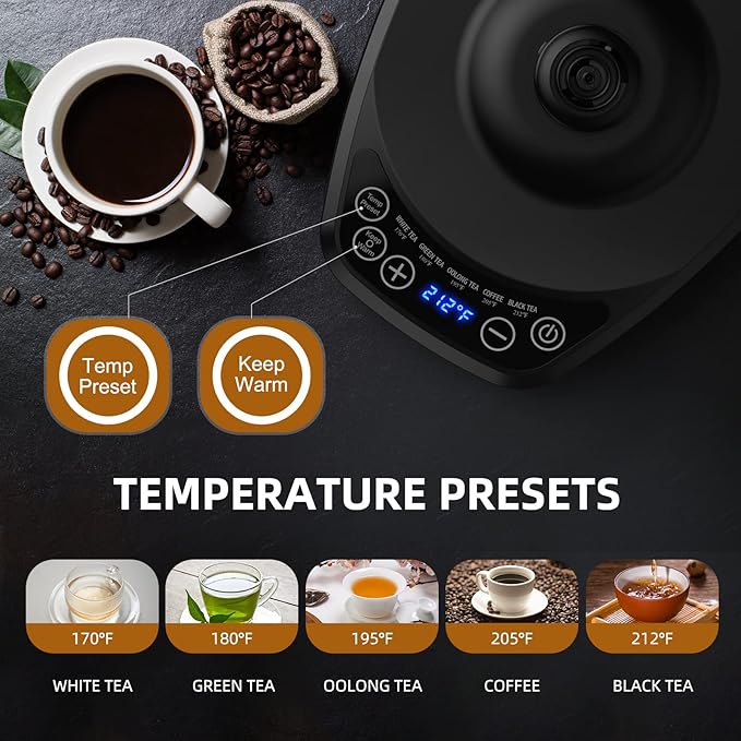 Gooseneck Electric Kettle with ±1℉ Temperature Control, KOIOS 1200W Quick Heating Gooseneck Kettle for Pour Over Coffee & Tea, 2 hours Temp Hold, Auto Shut-Off & Boil-Dry Protection, Matte Black