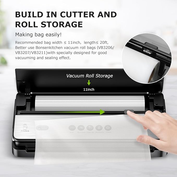 Bonsenkitchen Vacuum Sealer Machine, Multi-Functional Food Sealer with Built-in Cutter & Bag Storage, High-Speed Continuous Working with Globefish Technology, Includes Vacuum Bags & Roll Bag, Black