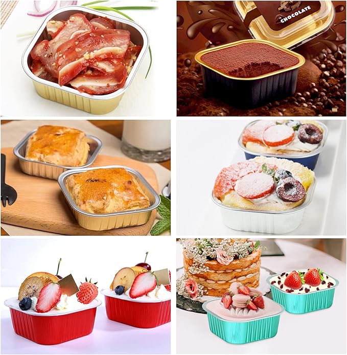 5oz/80pack Foil Mini Cake Baking Pans with Lids,LNYZQUS Small Disposable Ramekins Cupcake Tins Muffin Baking Cups,Aluminum Square Brownie Pan Mini Cheesecake Containers-Gold
