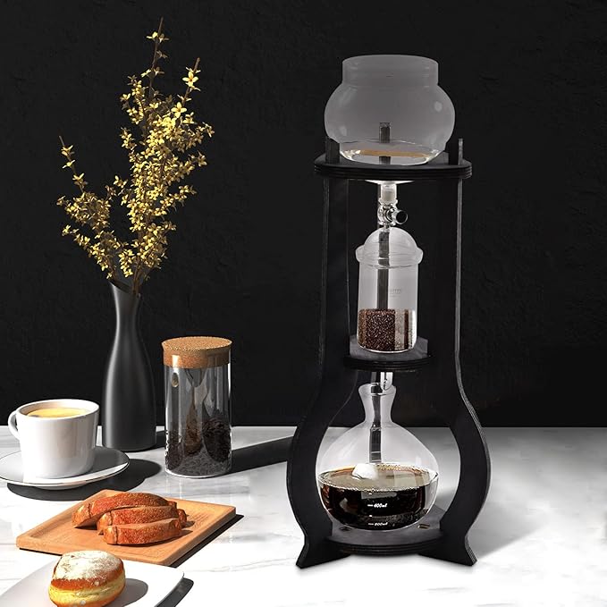 Cold Brew Coffee Maker, 600 ml/20.29 oz Iced Coffee Tower Dripper Coffee Maker & Tea Maker 6-8 Cups, High Borosilicate Glass, Wood, 304 Stainless Steel, Copper - for Home Office (Grey)