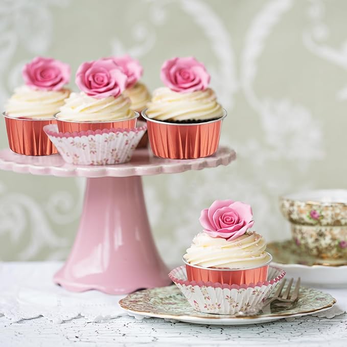 100 Pcs 5 oz Aluminum Foil Cup with Lids Disposable Ramekins with Lids Disposable Ramekin Baking Cups Foil Cupcake Containers for Wedding, Christmas, Kitchen, Party (Caramel, 5 oz)