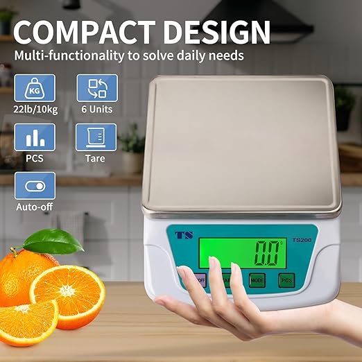 Digital Kitchen Scale 22lb/10kg,Food Scales for Kitchen 6 Units Accurate 0.007zo/0.2g with Stainless Steel Platform LCD Display Tare Pcs Small Weighing Scale for Cooking with Batteries