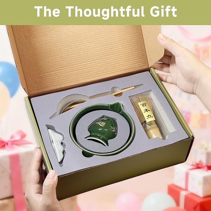 Matcha Whisk Set with Ceramic Bowl - Bamboo Whisk (Chasen), Scoop, Sifter & Holder - Complete Kit for Traditional Matcha Tea - Unique Gifts for Tea Lovers (Celadon Veil)