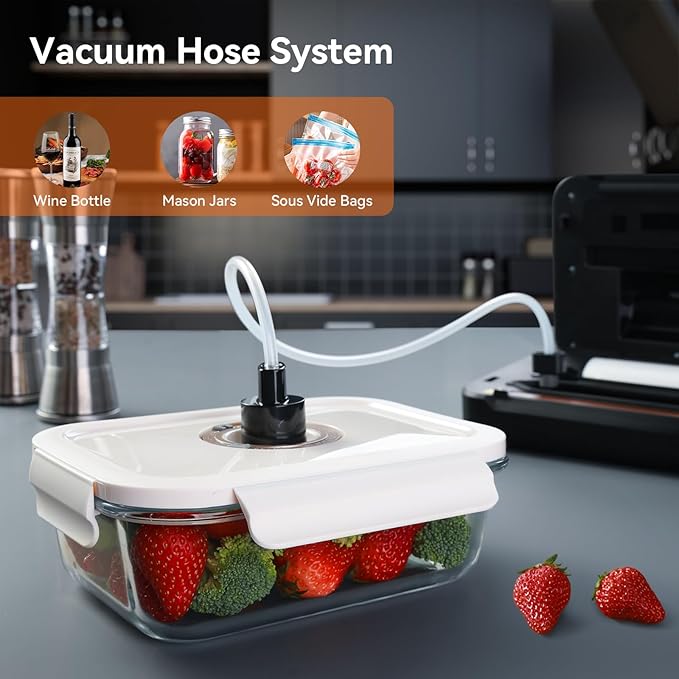 Vacuum Sealer Machine, Food Sealer Vaccum Sealers for Food 80KPA Automatic 8-IN-1 Sealing Dry/Moist Mode with Build-in Cutter&Storage, Digital Countdown, Air Suction Hose, 2 Roll-Bags, 11 Vacuum Bags