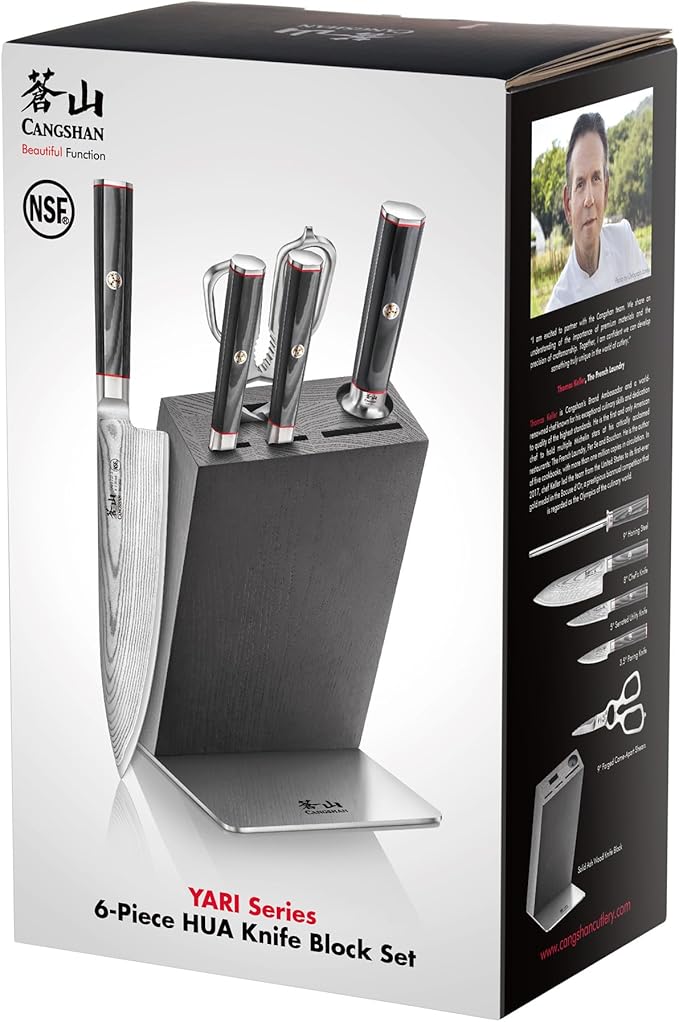 Cangshan YARI Series HUA Knife Block Set, X-7 Damascus Steel, Ash Wood Block (6-Piece)