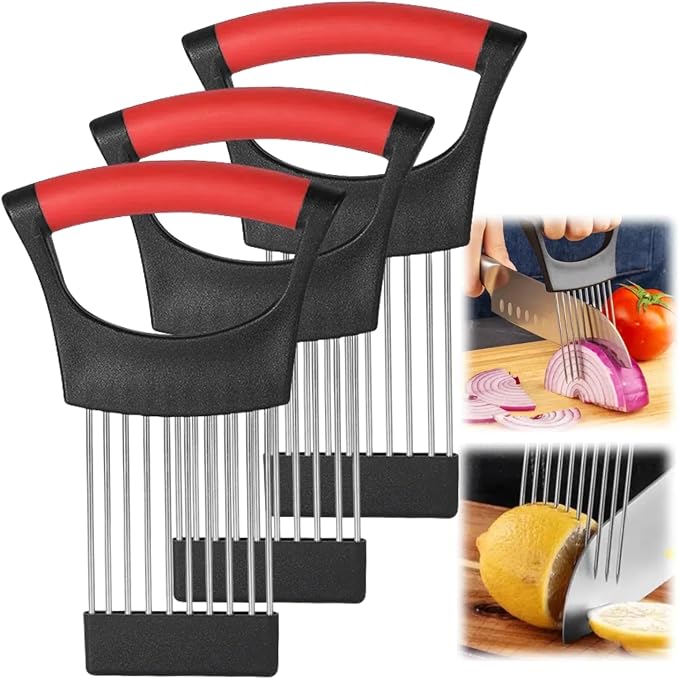 Onion Slice Holder, 2024 New Stainless Steel Holder for Slicing, Chopper Assistant Tool, Cutter for Meat, Onion, Potato, Tomato Kitchen Gadgets (Red, 3 Pack)