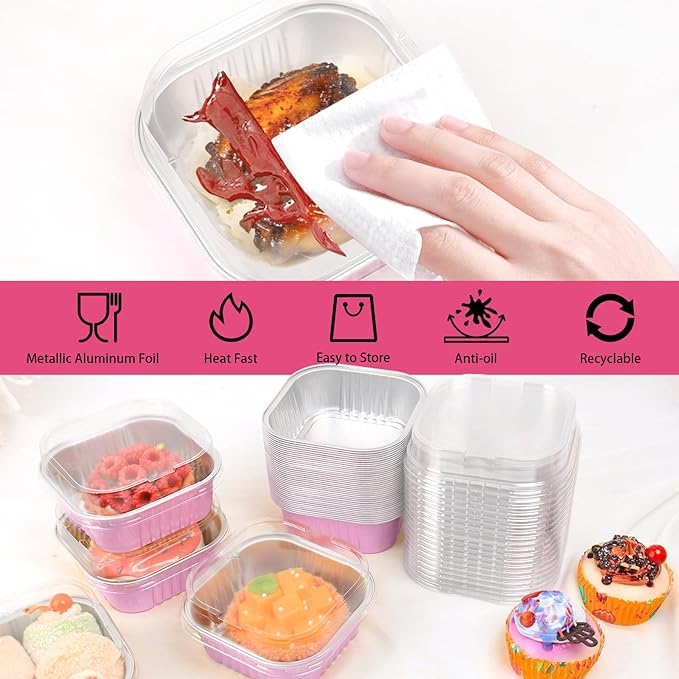 FORBFAN 150 Pcs Square Mini Cake Pans with Lids, 10 oz Individual Mini Loaf Pans, 4.4x4.4 Pink Aluminum Foil Cupcake Baking Cups