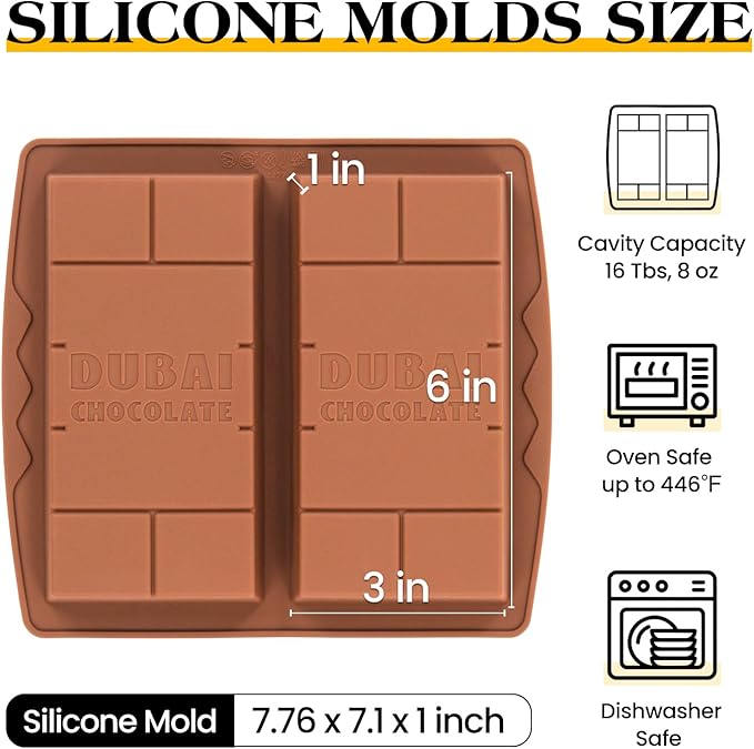 1 Inch Chocolate Bar Mold Deep Dubai Stuffed Chocolate Molds Silicone Large Break Apart Candy Molds (2 Pcs)