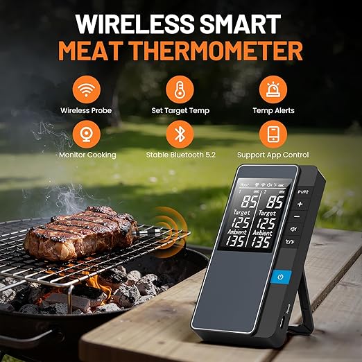 Smart Bluetooth Wireless Meat Thermometer, Real-Time Monitoring Control Digital Thermometer with Smart App, 2 Meat Probes IP67 Waterproof High Accuracy Perfect for BBQ, Oven, Grill & Smoker