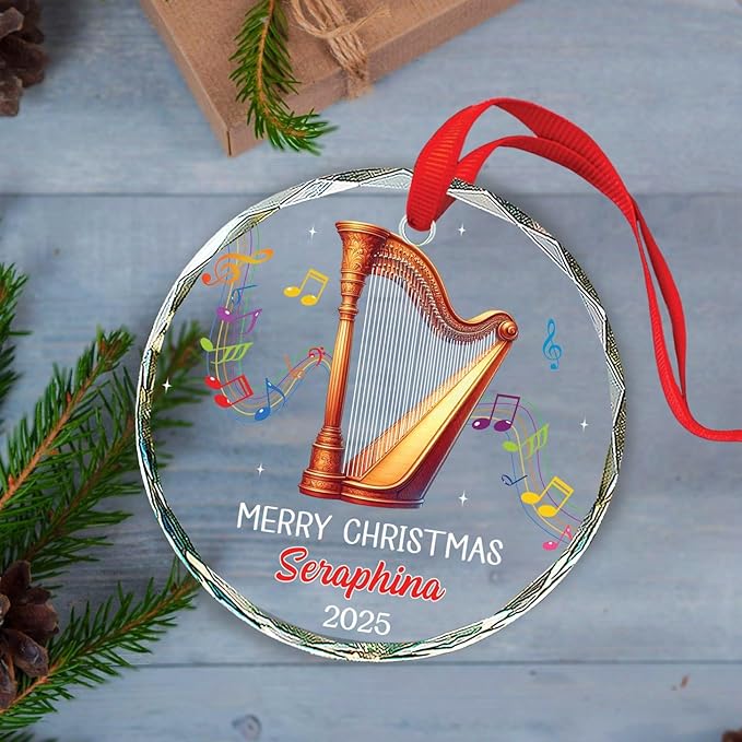 Harpist Musical Christmas Tree Glass Ornament, Personalized Text & Name Harp Player Xmas Keepsake Gift, Musical Instrument Christmas Ornament Gifts for Harpist, Custom Harp Lover Glass Ornaments 2025