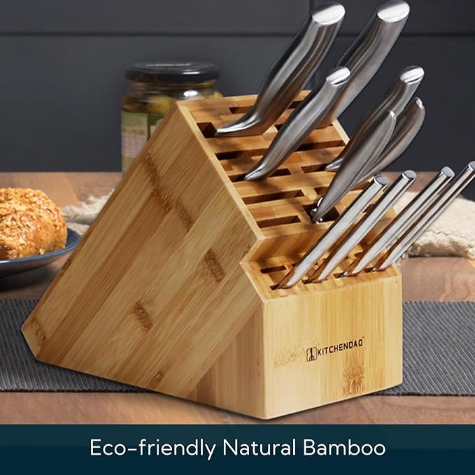 KITCHENDAO Deluxe 20 Slot Bamboo Knife Block Block without Knives, Countertop Butcher Block Kitchen Knife Stand, Hold Multiple Large Blade Knives, Wider Slots for Easier Storage