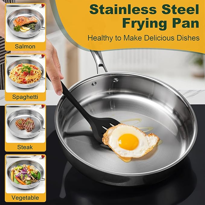 P&P CHEF 12 Inch Stainless Steel Frying Pan, 3-Ply Stainless Steel Pan Skillet, Induction Stir-fry Pan, Oven & All Stoves Safe, Heavy Duty & Even Heat, Dishwasher Safe, Silver, (1 Piece)