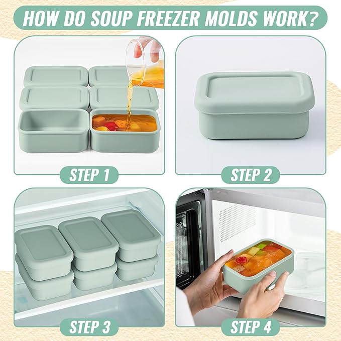 6 Packs 1 Cup Silicone Soup Freezer Molds with Lid Silicone Soup Freezer Trays Rectangle Reusable Food Preserving Tray Freezing Sauces Stews(Sage Green)