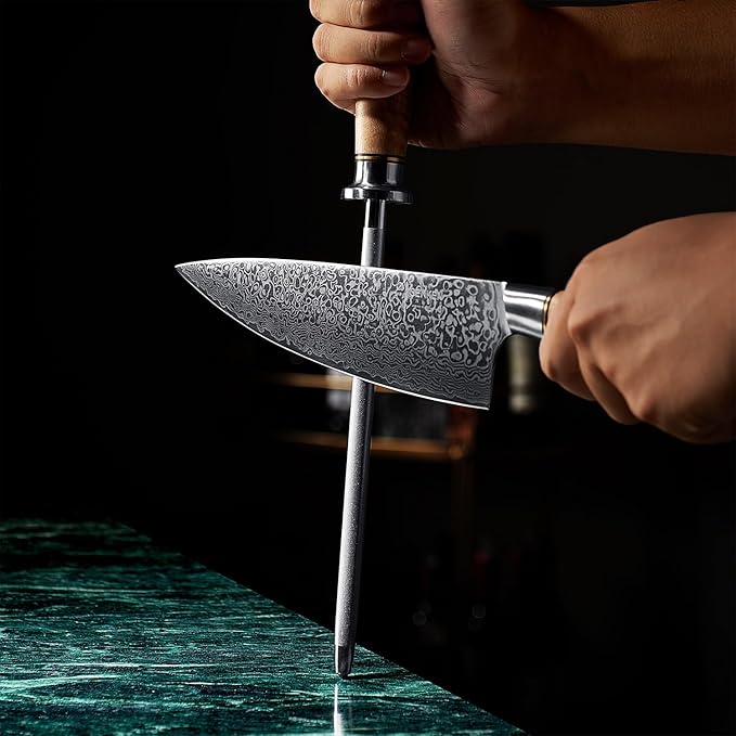 SENKEN Professional Emery Knife Sharpening Steel - Incredibly Strong Emery Rod for Sharpening & Honing Knives Up to 63 HRC Including All Damascus Knives (Natural Sycamore Wood)