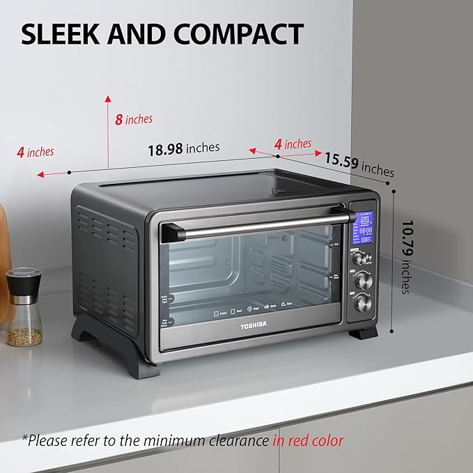 TOSHIBA AC25CEW-BS Large 6-Slice Convection Toaster Oven Countertop, 10-In-One with Toast, Pizza and Rotisserie, 1500W, Black Stainless Steel, Includes 6 Accessories