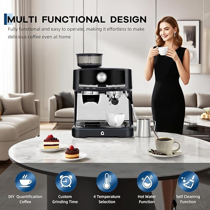 Garvee 20 Bar Pressure Espresso Machine with Grinder, 1.5L Removable Water Tank, Milk Frother Steam Wand for Latte/Cappuccino (BLACK,20Bar,With Grinder)
