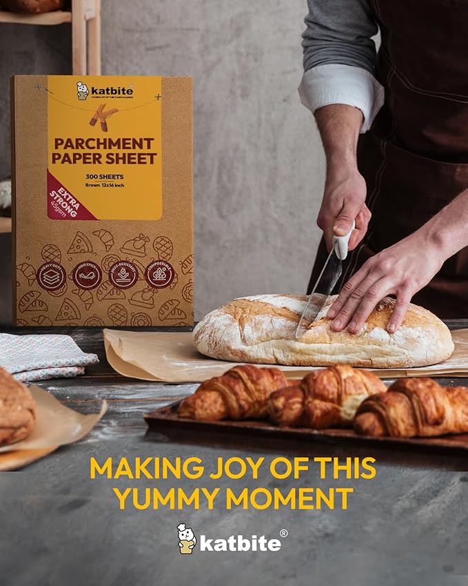Katbite 300Pcs 12x16 In Parchment Paper Sheets, Heavy Duty Baking Paper, Unbleached Non-stick Sheets for Air Fryer, Grilling, Steaming Cooking Bread Cake and Wrapping Foods[Advanced Series]