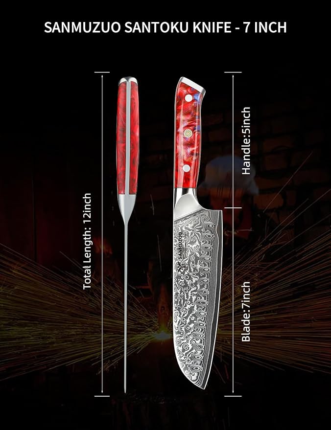 Santoku Knife - 7 inch - Xuan Series - VG10 Damascus Steel Kitchen Knife - Resin Handle (Sunset Red)