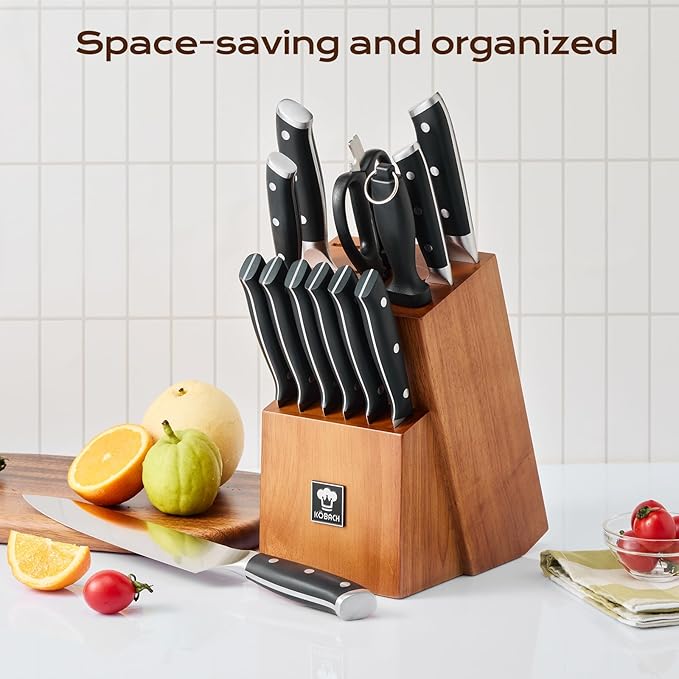 14-Piece Kitchen Knife Set with Oak Wood Block – 3Cr13 Stainless Steel Knife Block Set with Chef Knife, Santoku, Bread, Utility, Paring & 6 Steak Knives, Kitchen Shears & Sharpening Rod